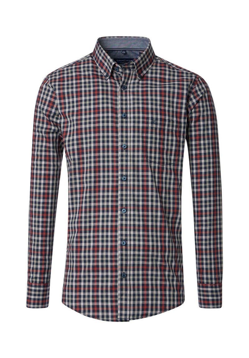 Karierte Langarmbluse in Marineblau, Rot und Beige. Mit Button-Down-Kragen und Tasche auf der linken Brustseite. Glatte Stoffoberfläche.
