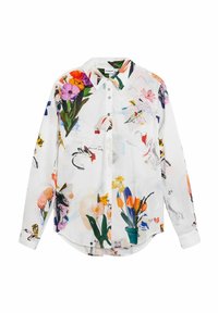 Valge taustaga lillemustriline pikkade varrukatega särk erksate värvidega, nööbitav ja kõverdatud äärega.