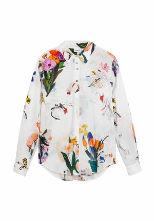 Valge taustaga lillemustriline pikkade varrukatega särk erksate värvidega, nööbitav ja kõverdatud äärega.