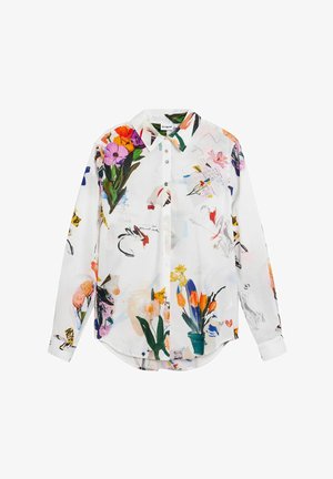 Floral-patterned long-sleeve shirt with a white background, featuring vibrant colors, button closure, and a curved hem.