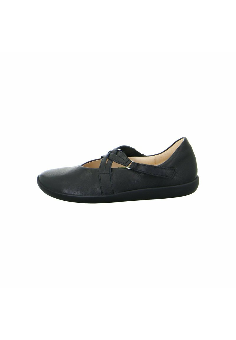 Schwarze Lederschuhe mit flacher Sohle, offenen Oben und überkreuzten Riemenakzenten. Glatte Textur und minimalistischer Stil.