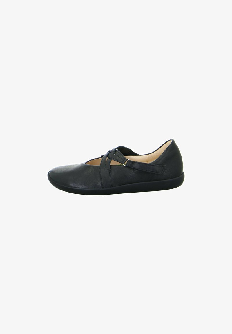 Schwarze Lederschuhe mit flacher Sohle, offenen Oben und überkreuzten Riemenakzenten. Glatte Textur und minimalistischer Stil.