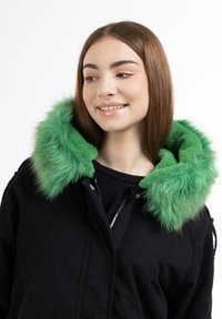 Giacca nera con un grande cappuccio in pelliccia sintetica verde, dotata di zip e tasche. La trama è liscia con un aspetto spesso e morbido.