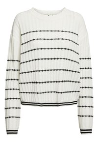Biały dziany sweter z czarnymi poziomymi paskami, ściągaczami na mankietach i dole, ze ściągaczem przy szyi i teksturowanym wzorem.