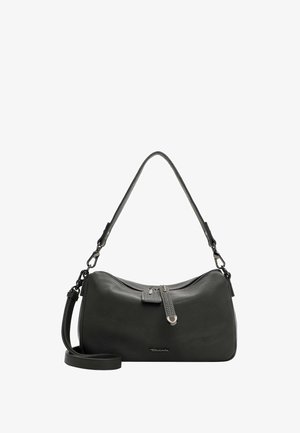 Graue Leder-Schultertasche mit gebogener Form, Reißverschluss oben und verstellbarem Riemen. Verfügt über metallische Akzente und ein dezentes Logo-Detail.