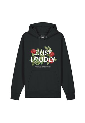 Schwarzer Hoodie mit floralem Muster und den Texten "EXIST LOUDLY" und "VIVAMUS, MORIENDUM EST" auf der Vorderseite gedruckt.
