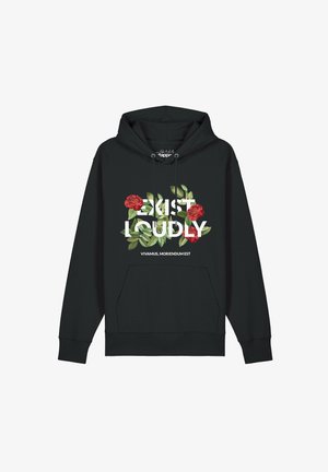 Schwarzer Hoodie mit floralem Muster und den Texten "EXIST LOUDLY" und "VIVAMUS, MORIENDUM EST" auf der Vorderseite gedruckt.