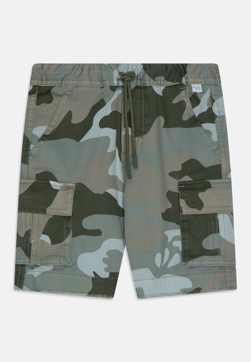 Shorts cargo camouflage avec poches avant, poches latérales à rabat, taille élastique et fermeture à cordon, présentés sur un fond blanc.