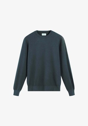 Dunkelgrauer Pullover aus Strickmaterial mit Rundhalsausschnitt und langen Ärmeln. Rippbündchen und -saum sorgen für eine figurbetonte Passform.