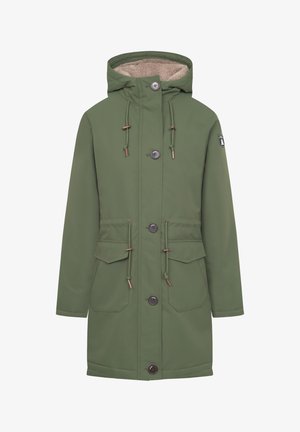 Groene, capuchonjack van duurzaam materiaal, met een volledig gevoerde binnenkant van bont, twee voorzakken en metalen knopen.