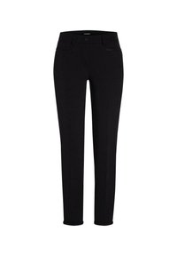 Czarne spodnie o dopasowanym kroju, z dwoma przednimi kieszeniami, zapięciem na guzik i zamek błyskawiczny, gładką powierzchnią i smukłym fasonem nogawek.