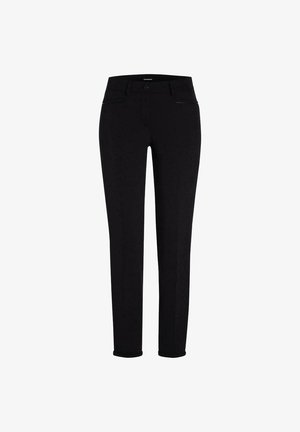 Czarne spodnie o dopasowanym kroju, z dwoma przednimi kieszeniami, zapięciem na guzik i zamek błyskawiczny, gładką powierzchnią i smukłym fasonem nogawek.