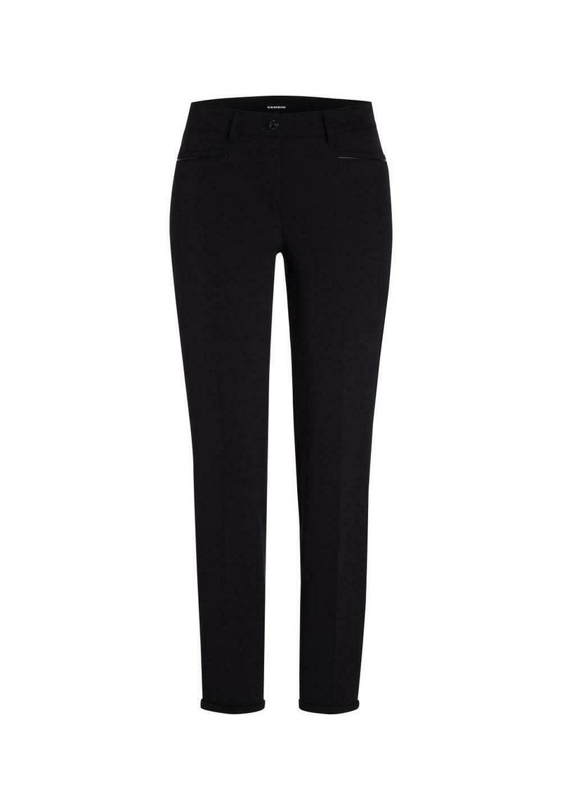 Czarne spodnie o dopasowanym kroju, z dwoma przednimi kieszeniami, zapięciem na guzik i zamek błyskawiczny, gładką powierzchnią i smukłym fasonem nogawek.