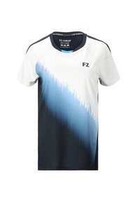 Kortärmad träningsskjorta i vitt och marinblått med ett blått gradientmönster som påminner om ljudvågor; tillverkad av fukttransporterande tyg.