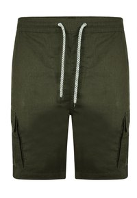 Shorts décontractés vert foncé avec taille à cordon blanc et poches cargo latérales, vue de face sur fond blanc.