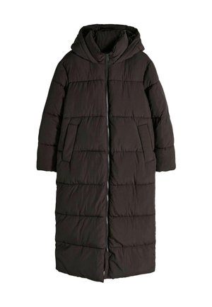 Langer schwarzer Puffermantel mit Kapuze, Reißverschluss und zwei Fronttaschen. Hat ein gestepptes Design mit horizontalen Nähten.