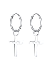 Silverfärgade ringörhängen med fäst korsberlocker, med en polerad yta och graverad "925 Ag" stämpel för sterling silver.