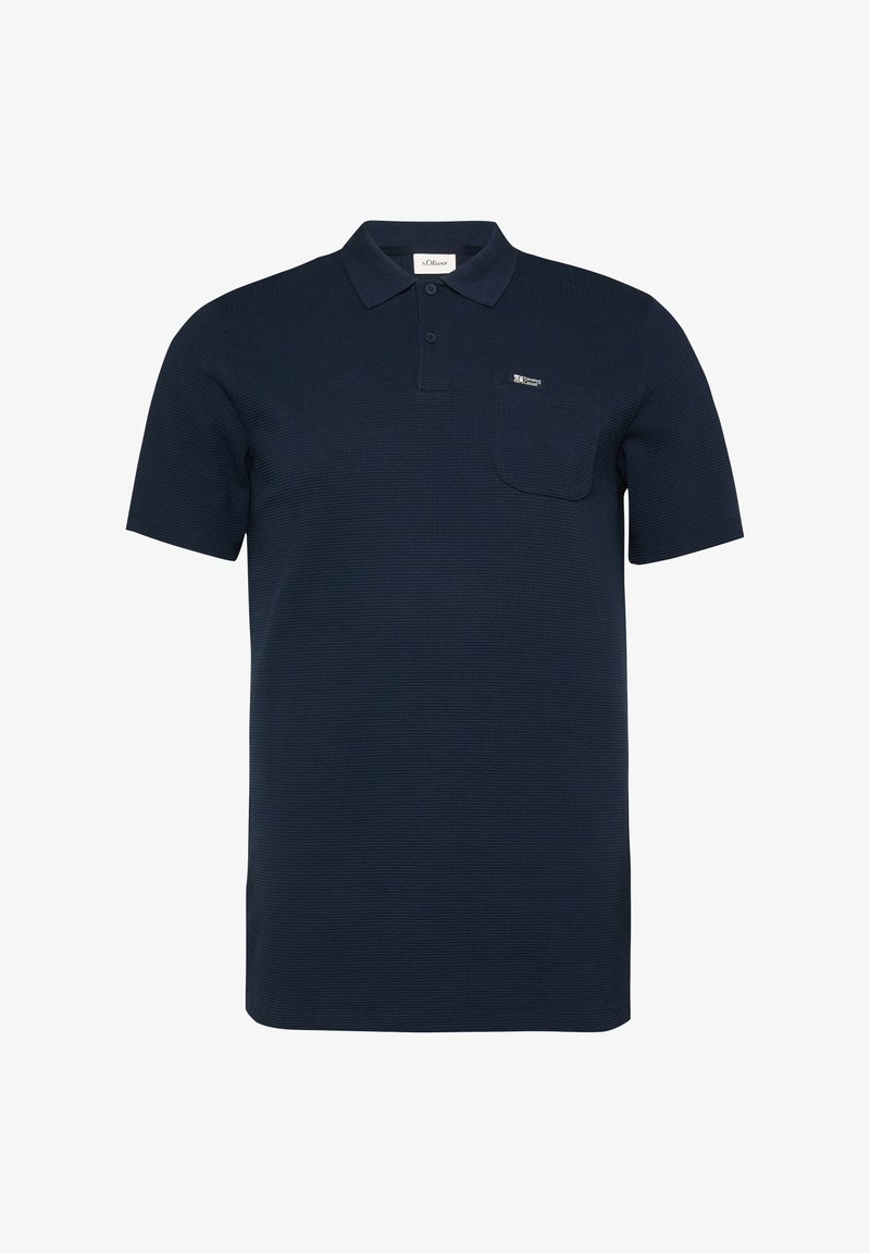 Marineblaues kurzärmeliges Poloshirt mit Knopfleiste mit zwei Knöpfen, Brusttasche auf der linken Seite und dezent strukturiertem Stoff.
