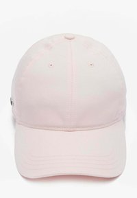 Casquette de baseball en coton rose clair avec un visière incurvée, six œillets de ventilation et un petit logo sur le côté. Finition en tissu texturé.
