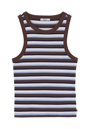 Ärmelloses, geripptes Tanktop mit horizontalen Streifen in Braun, Marineblau, Hellblau und Weiß, mit braunen Abschlüssen an Hals- und Armausschnitten.
