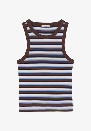 Ärmelloses, geripptes Tanktop mit horizontalen Streifen in Braun, Marineblau, Hellblau und Weiß, mit braunen Abschlüssen an Hals- und Armausschnitten.