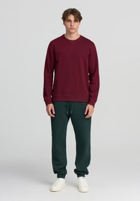 Felpa borgogna con collo rotondo e polsini a costine, abbinata a pantaloni jogger verde scuro. Le sneakers bianche completano l'outfit.