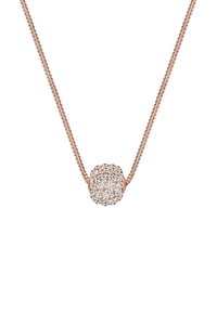 Rosenfarvet kædende halskæde med en kubisk midterdel, prydet med funkende klare krystaller sat i et tekstureret, kvadratisk design.