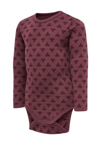 Långärmad bodysuit i burgundy med kontrasterande mörkbruna blommönster. Mjukt bomullsmaterial med tryckknappar i botten.