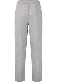 Grå elastiske talje-bukser lavet af blødt stof, med et straight-leg design uden lommer og en glat overflade.