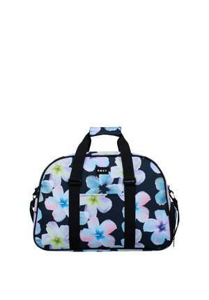 Zwarte duffelbag met pastelkleurige blauwe, roze en witte bloemenprint, zwarte handvatten, voorvak en ROXY merklabel op witte achtergrond.