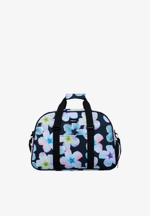 Zwarte duffelbag met pastelkleurige blauwe, roze en witte bloemenprint, zwarte handvatten, voorvak en ROXY merklabel op witte achtergrond.