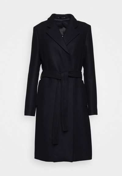 Black wool blend coat with long sleeves, a notched collar, belt at the waist, and side pockets; smooth texture and tailored design.