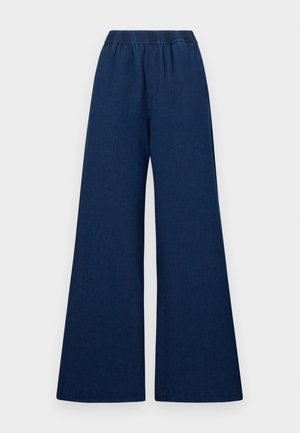 Bredde denimbukser i mørkeblå med elastisk talje, der har en glat tekstur og et enkelt design.