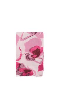 Sciarpa leggera con un motivo floreale in tonalità di rosa e rosso profondo. Texture morbida con bordi frangiati e forma rettangolare.