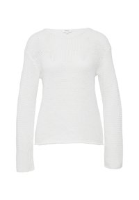 Witte gebreide trui met lange mouwen, iets oversized pasvorm, met een losse, open geweven textuur en een ronde hals.