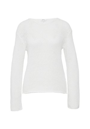 Pull en tricot blanc à manches longues, légèrement oversized, avec une texture lâche et ajourée et un col rond.