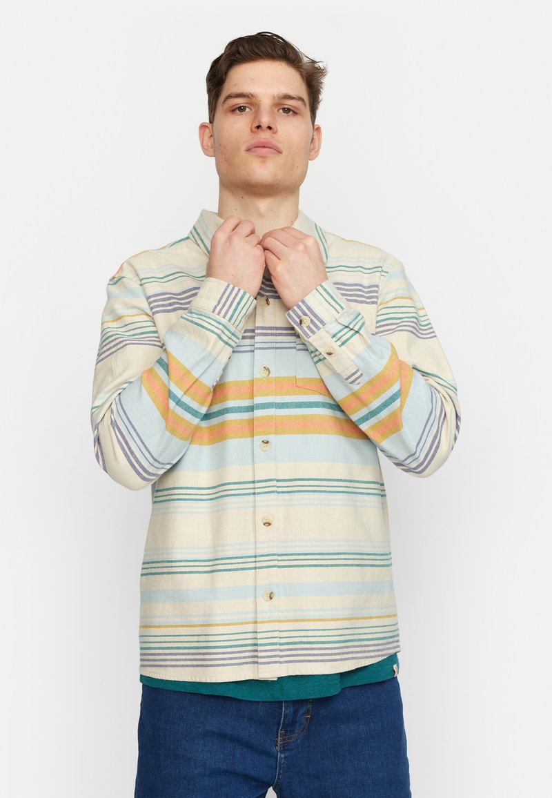 Gestreept overhem shirt in pastelkleuren met horizontale lijnen. Gemaakt van een lichtgewicht stof, voorzien van een kraag en knoopmanchetten.
