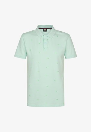 Jasno miętowa koszulka polo o miękkiej fakturze, z subtelnymi kontrastującymi wzorami liści oraz kołnierzykiem zapinanym na dwa guziki.