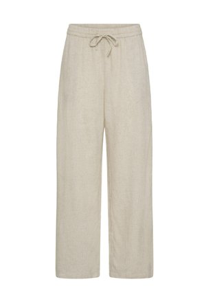 Pantalones anchos de lino color beige con cintura elástica y cordón ajustable, vista frontal sobre fondo blanco.