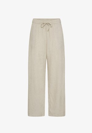 Pantalones anchos de lino color beige con cintura elástica y cordón ajustable, vista frontal sobre fondo blanco.