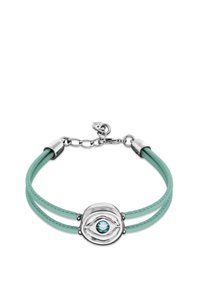 Pulsera de cuero verde menta con un charm plateado en forma de ojo, que presenta una piedra turquesa central y un cierre de cadena ajustable.