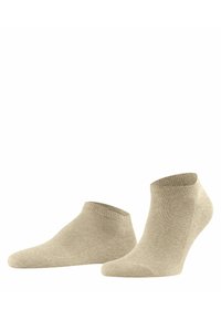 Beżowe skarpetki sięgające kostek, wykonane z miękkiego, prążkowanego materiału o niskim kroju. Gładka faktura i wzmocniona pięta dla zwiększenia trwałości.
