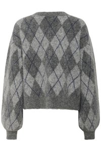 Grey fuzzy sweater with dark and light grey argyle pattern and balloon sleeves, shown from the back.