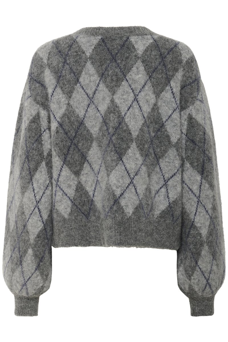 Grå fluffig tröja med mörk- och ljusgrå rutig mönstring och ballongärmar, sedd bakifrån.