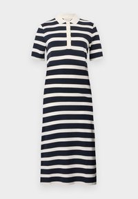 Ριγέ μίνι φόρεμα πόλο με κοντά μανίκια σε ναυτικό μπλε και λευκό, με γαλακτερή κουμπωτή λωρίδα και γιακά, μήκος μέχρι το γόνατο.