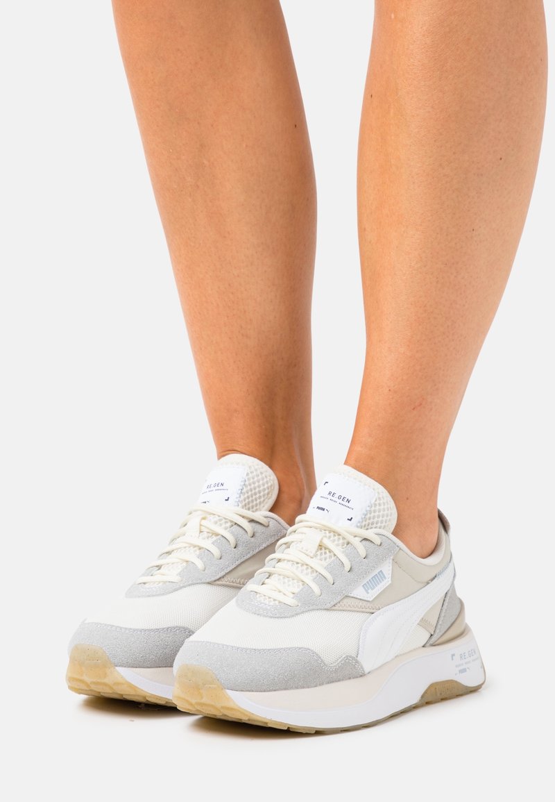Baskets Puma blanches et grises avec semelles beige portées pieds nus sur un fond clair uni.