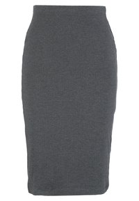 Jupe crayon grise côtelée avec une taille haute, présentant une silhouette ajustée et un tissu texturé. Design épuré, sans fermetures visibles ni motifs.