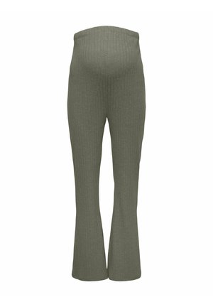 Pantalones de maternidad de punto acanalado en color verde oliva con una cinturilla ancha y pantalones acampanados, mostrados desde atrás sobre un fondo blanco.