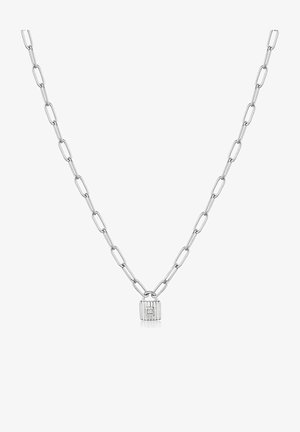 Silberne Kettenhalskette mit länglichen Gliedern und einem rechteckigen Anhänger mit vertikalen Streifen und einem kleinen Diamantakzent.