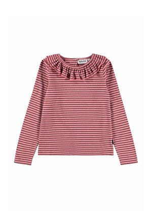 Pink long-sleeve shirt with thin black horizontal stripes and a ruffled collar, labeled with "Molo" brand tag at the neckline.